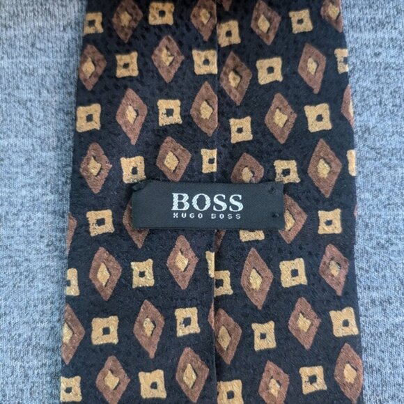 Vintage Hugo Boss Silk Tie Black/Brown Diamond Geometric Pattern, 58.25" - Picture 3 of 4